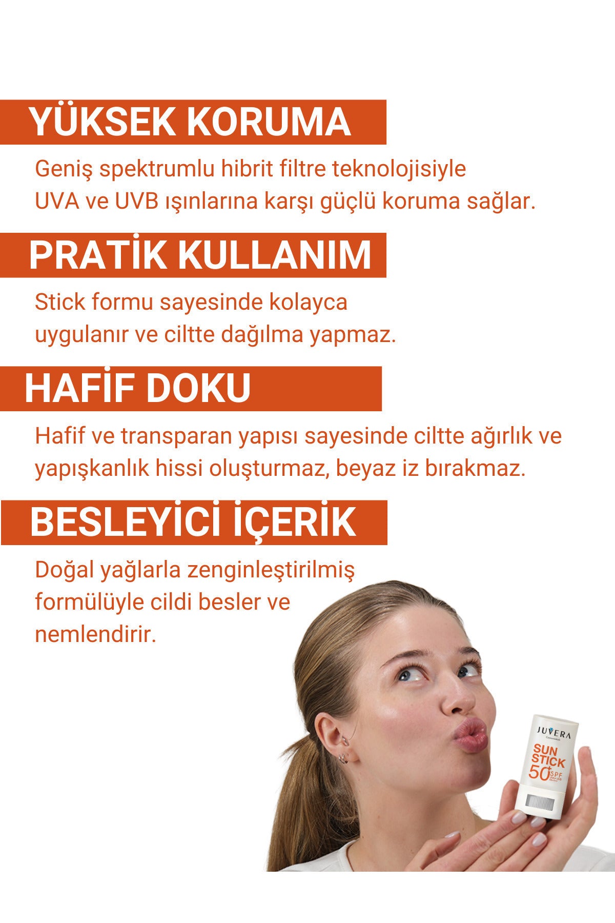 Juvera Stick Güneş Koruyucu Krem Tüm Cilt Tipleri Için 50spf Pa++++ 15 gr – tüm cilt tipleri için geniş spektrumlu, stick formda pratik güneş koruyucu