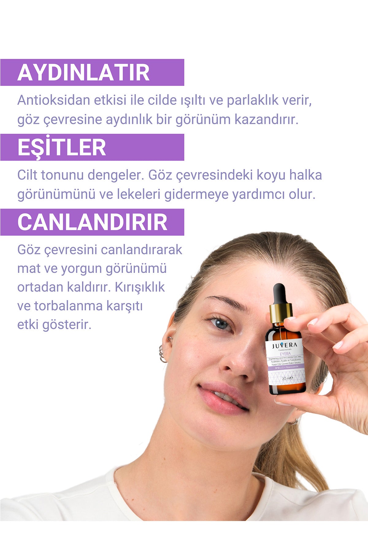Juvera Göz Çevresi Aydınlatıcı Morluk Torbalanma ve Kırışıklık Karşıtı Serum 30 ml – göz çevresi için aydınlatıcı, morluk, torbalanma ve kırışıklık karşıtı serum