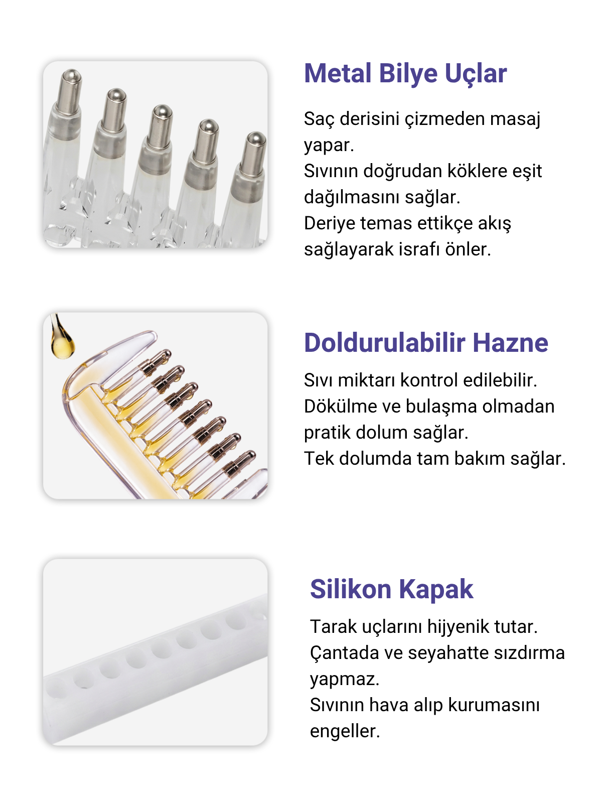 Saç bakım tarağının metal bilye uçları, doldurulabilir haznesi ve silikon kapağı